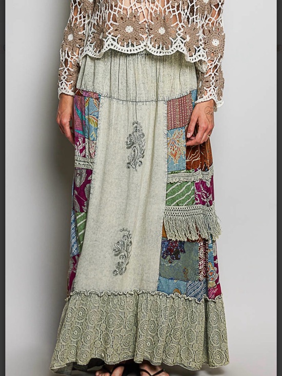 POL Dresses & Skirts - POL One of a Kind Patchwork Embroidered Ruffled Maxi Skirt Sage Multi
